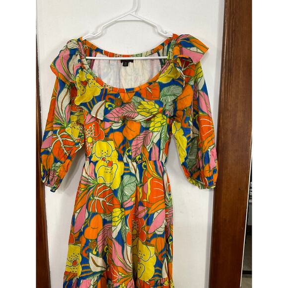 J.crew Belted Tropical Floral Colorful Midi Dress On/Off Shoulder Sz XS Ruffles - Picture 5 of 7